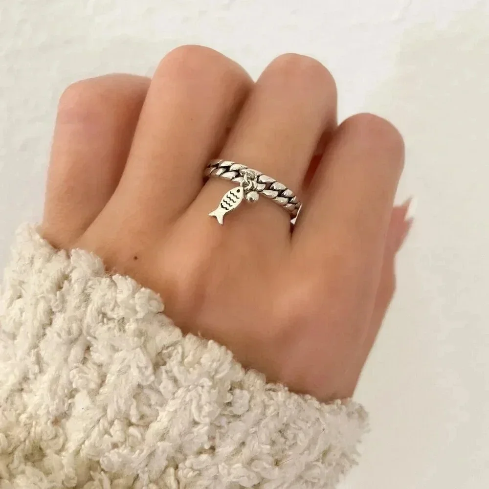 925 Sterling Silver Fish Ring Dangle Fish Ring Dainty Fish Ring Thin Ring Band